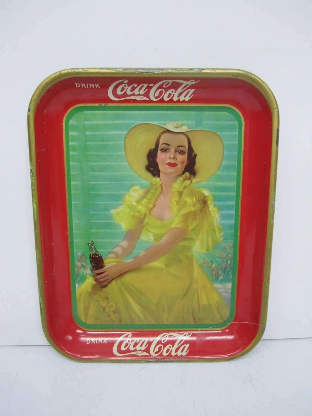 Vtg 1938 Drink Coca Cola Coke Soda Advertising Tray Girl Yellow Dress Afternoon