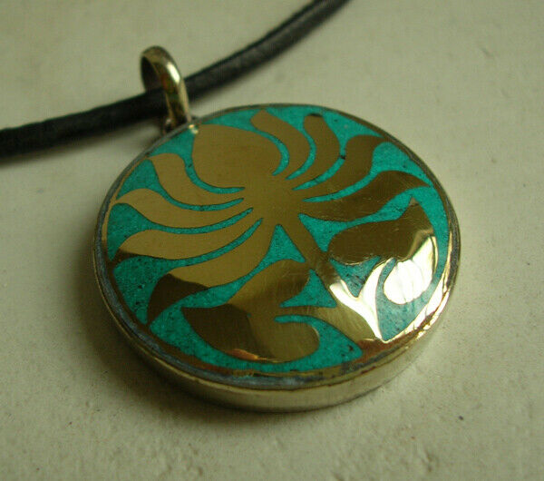 Great Amulet From Nepal With Lotus Flower Brass + Turquoise