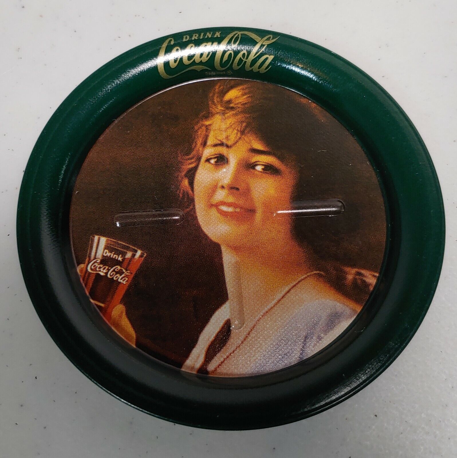 Vtg Coca-cola Mini Circular Tin Tray/coaster - Drink Cola Gibson Girl W/ Glass