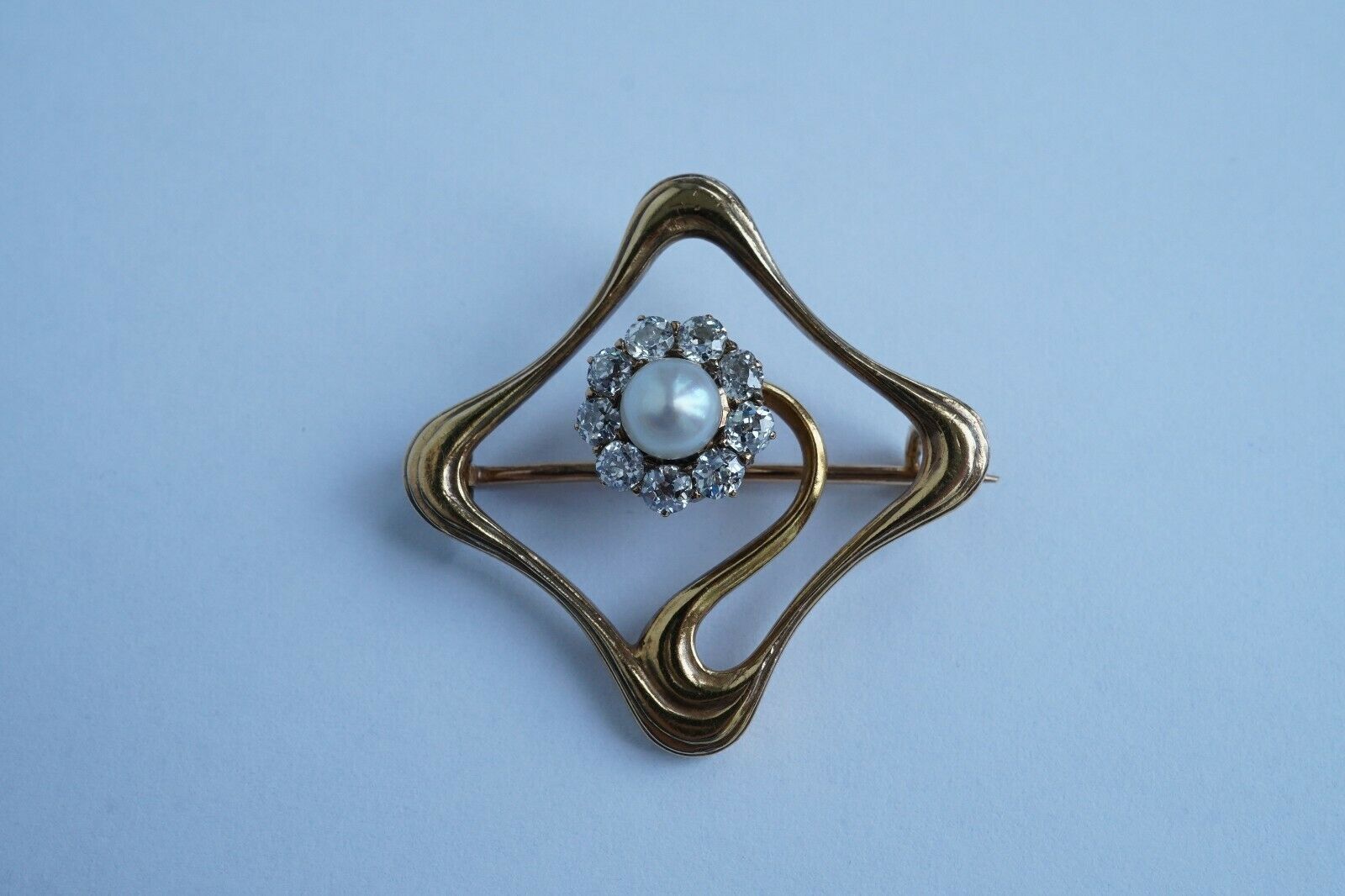 Antique Art-nouveau Imperial Russian  14k Gold Old Cut Diamond Pearl Brooch