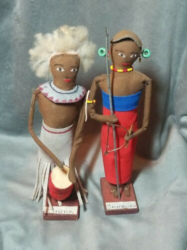 Vintage Art Hand Made Native Primitive Dolls  Samburu &  Chuka 9 .5 " Tall