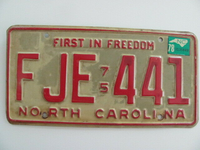 1975 North Carolina License Plate, 'first In Freedom" Fje-441,orig Vintage, Used