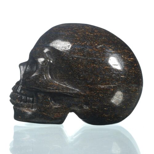 1.97"natural  Shimmering Bronze Carved Skull Metaphysic Healing Power #33j77
