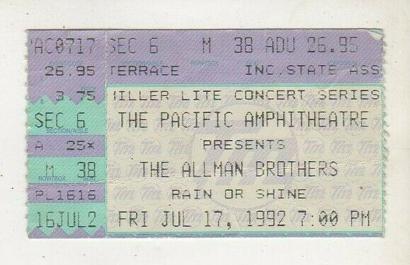 July 17, 1992 Ticket Stub The Allman Brothers * The Pacific Amphitheatre