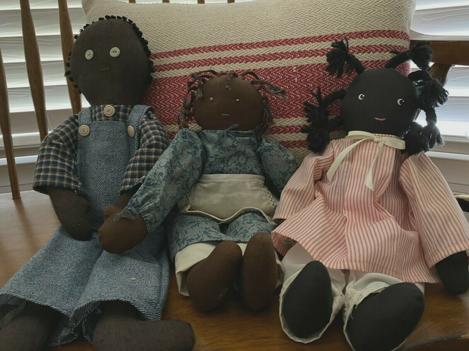 Set Of 3 Vintage Ooak African American Handmade Cloth Rag Dolls - Sweet