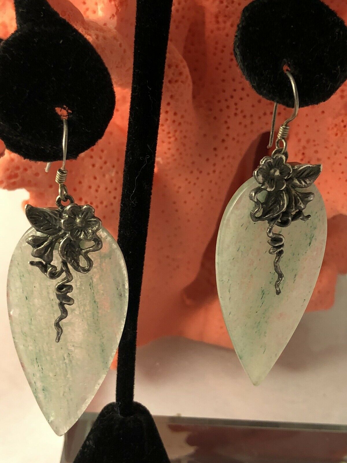Old Chinese Export Sterling Silver Flower Jade Leaf Drop Earrings Jl 050920bf