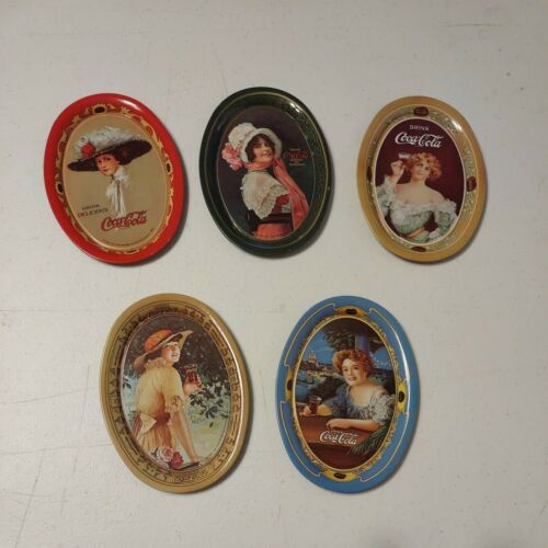 5 Vintage 1970s Oval Coca Cola Lady Tin Tip Tray 1914 Small 6.2" X 4.4"