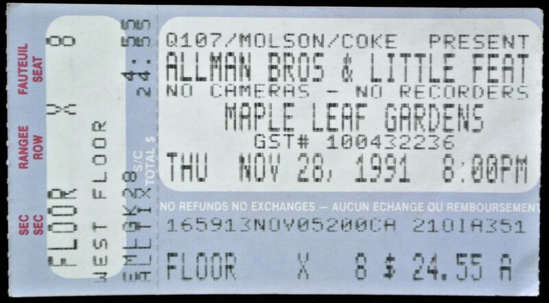 Org. Allman Brothers & Little Feat Ticket Stub-maple Leaf Gardens To. 1991