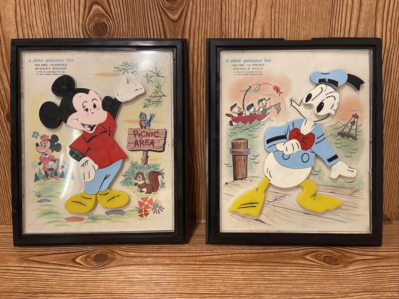 Vintage Walt Disney Child Guidance Toy Mickey Mouse Donald Duck 1964 Framed