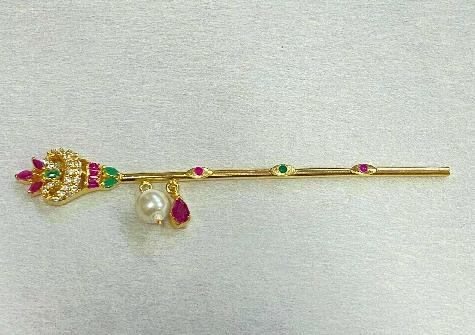 Pearl Bansuri Krishna Laddu Gopal 22k Gold Plated Cz God 4.5" Flute Hand Jewelry