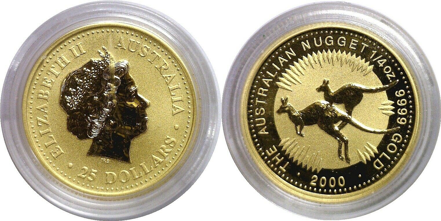 2000 $25 1/4th Oz. Australia Kangaroo Gold Nugget Original Plastic Capsule