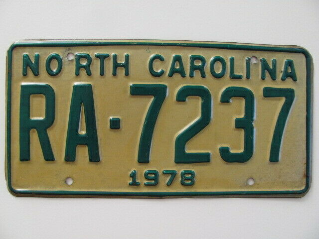 1978 North Carolina License Plate, "bold Print", Ra-7237, Original Vintage, Nice