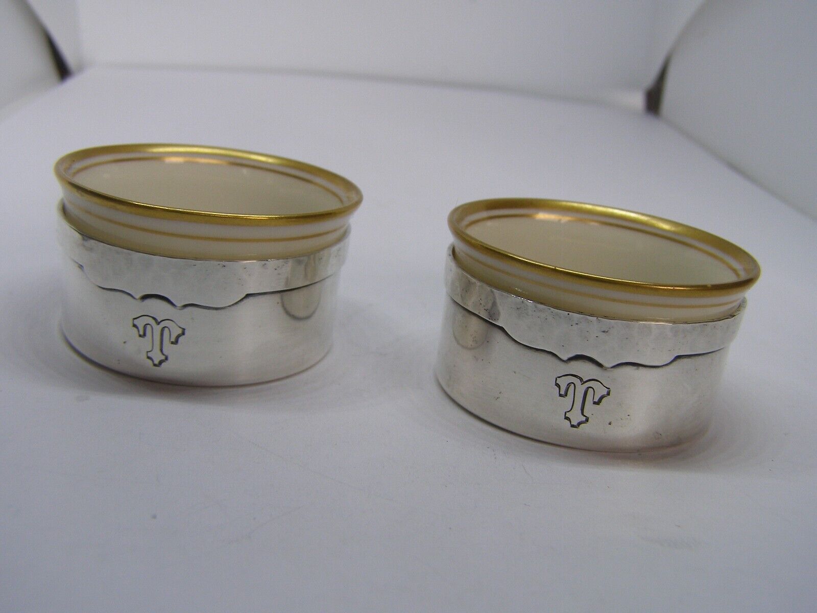 Sterling Silver Arts And Crafts Shreve And Co. Salt Cellars With Lenox Liners