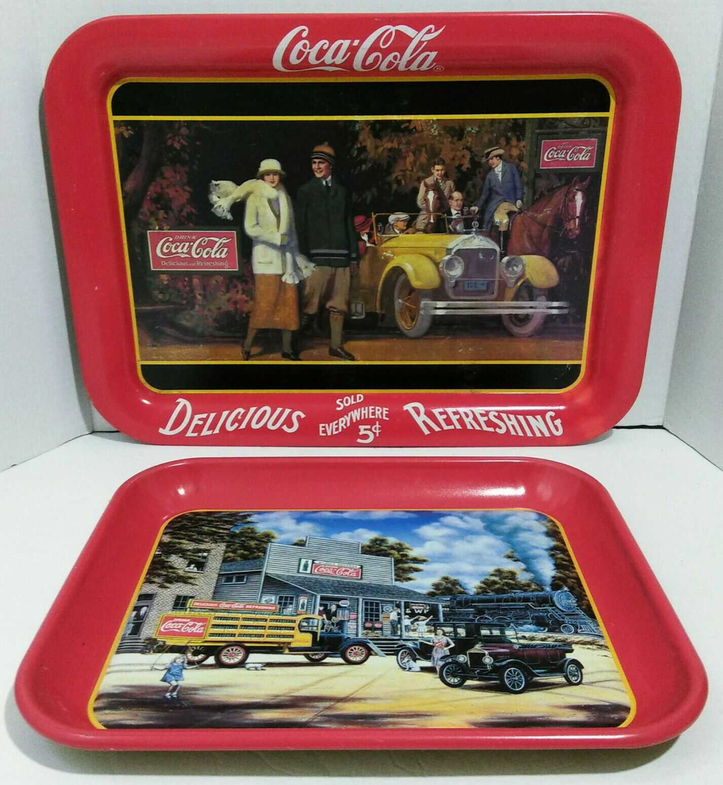 Lot Of 2 Coca-cola Metal Trays "touring Car" '87 & "all Aboard" '97 Vtg Holiday