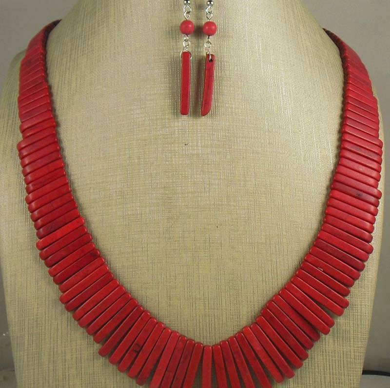 Gradual Size Red Howlite Stone Stick Beads Necklace/earring Set//(y251-w2)