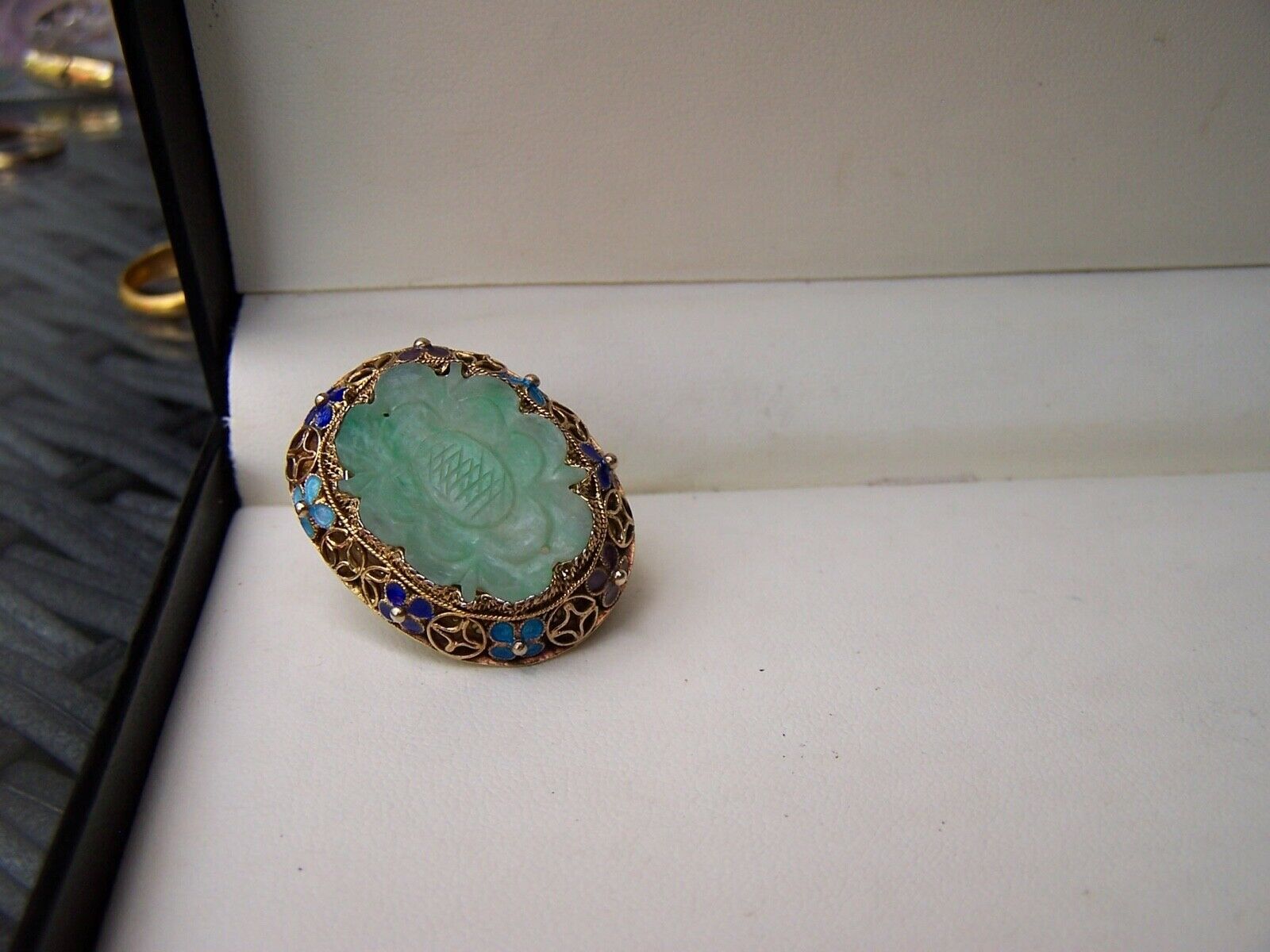 Antique Chinese Jade And Enamel Brooch Stamped Sterling.  Large