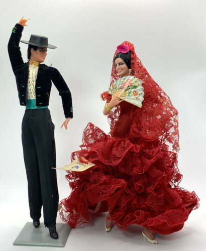 Pair Of 1950's Marin Chiclana Flamenco Dancer Dolls Made In Spain 8" Tall Red