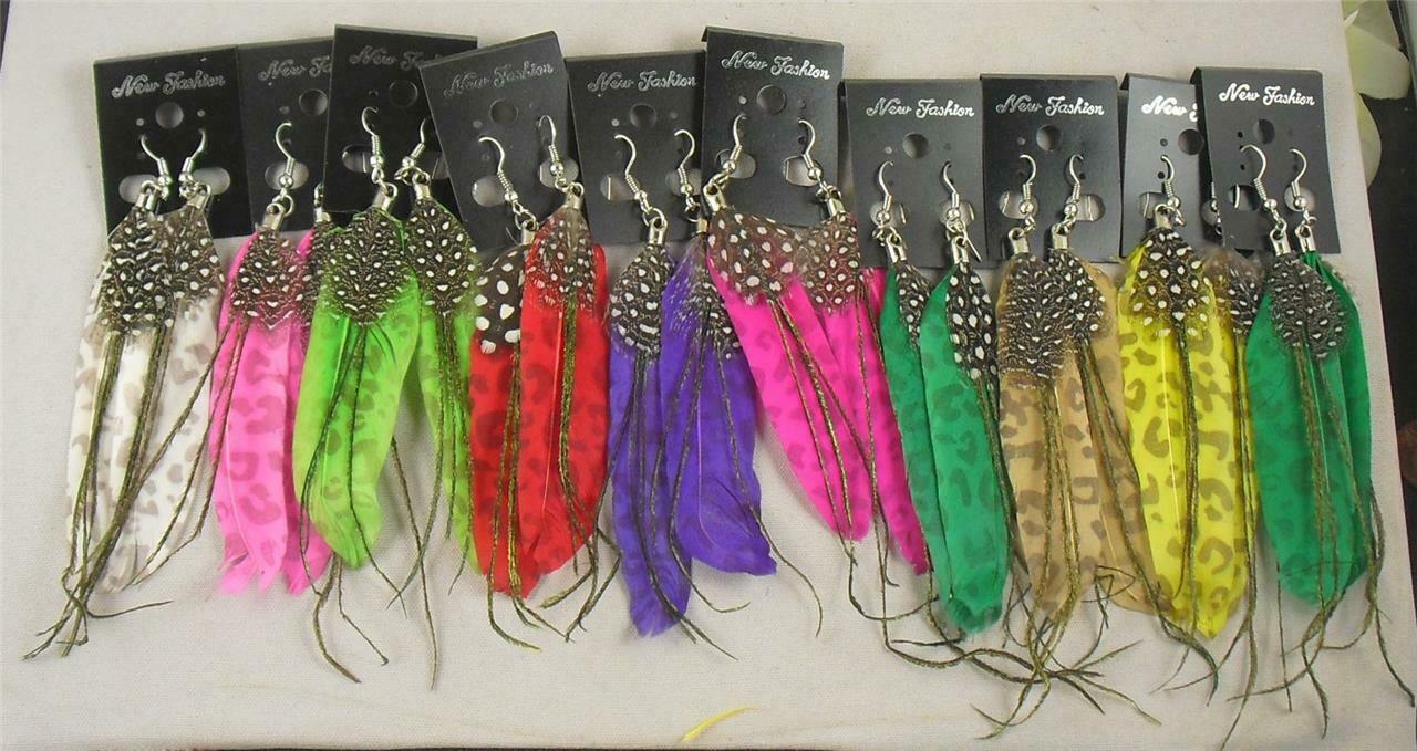 Lot Of 10 Pairs Assorted Feather Earrings/green, Blue,orange,white(b133-w1)