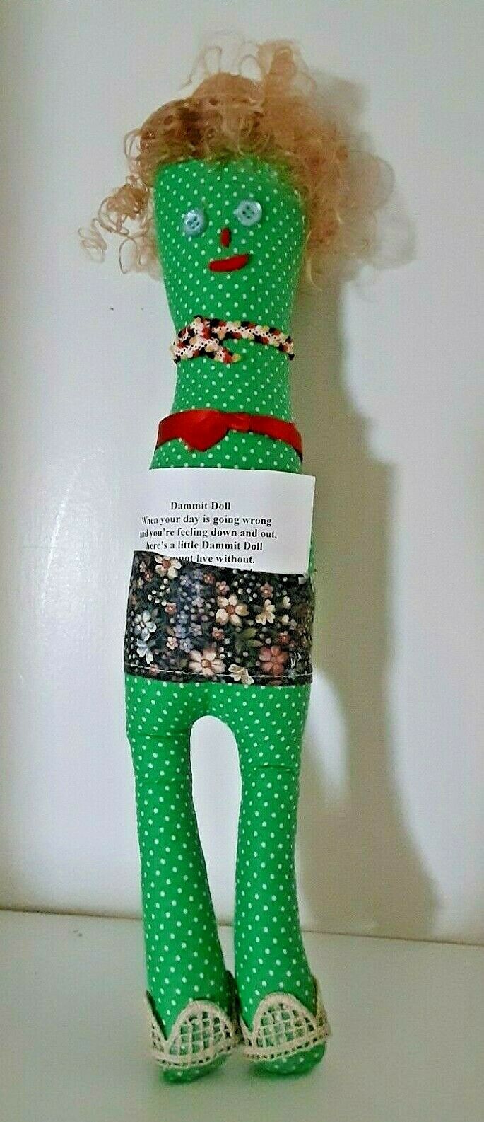 Dammit Doll Green With White Polka Dots Curly Blond Hair Straw Hat